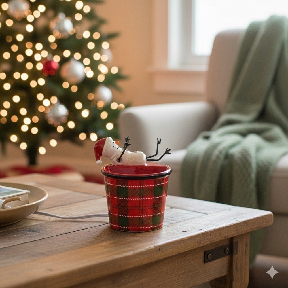 Scentsy Tart Warmer Snowman Mug Plaid‎ Red Green Christmas Fragrance Electric